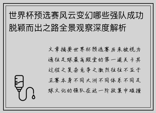 世界杯预选赛风云变幻哪些强队成功脱颖而出之路全景观察深度解析