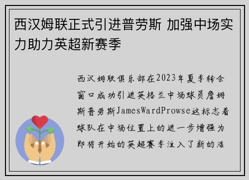 西汉姆联正式引进普劳斯 加强中场实力助力英超新赛季